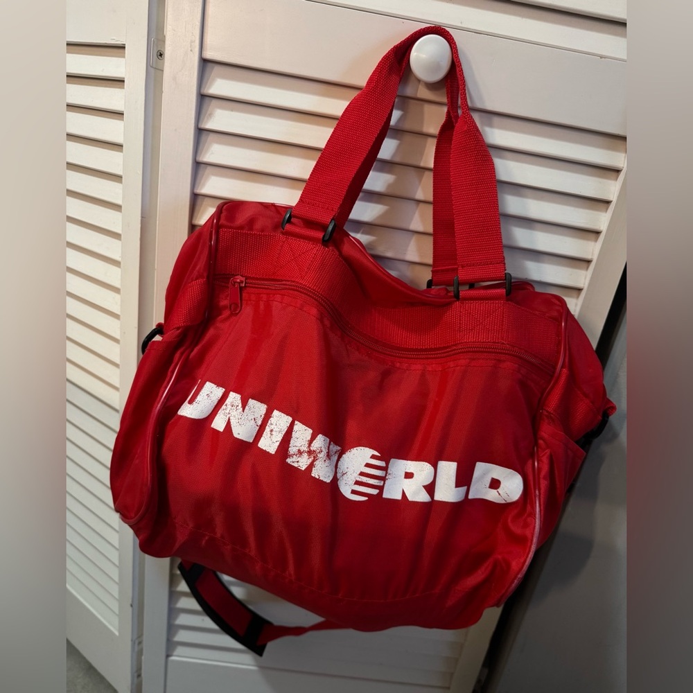 Vintage Red Uniworld Travel Bag/ Tote Retro Luggage Advertising Airplane